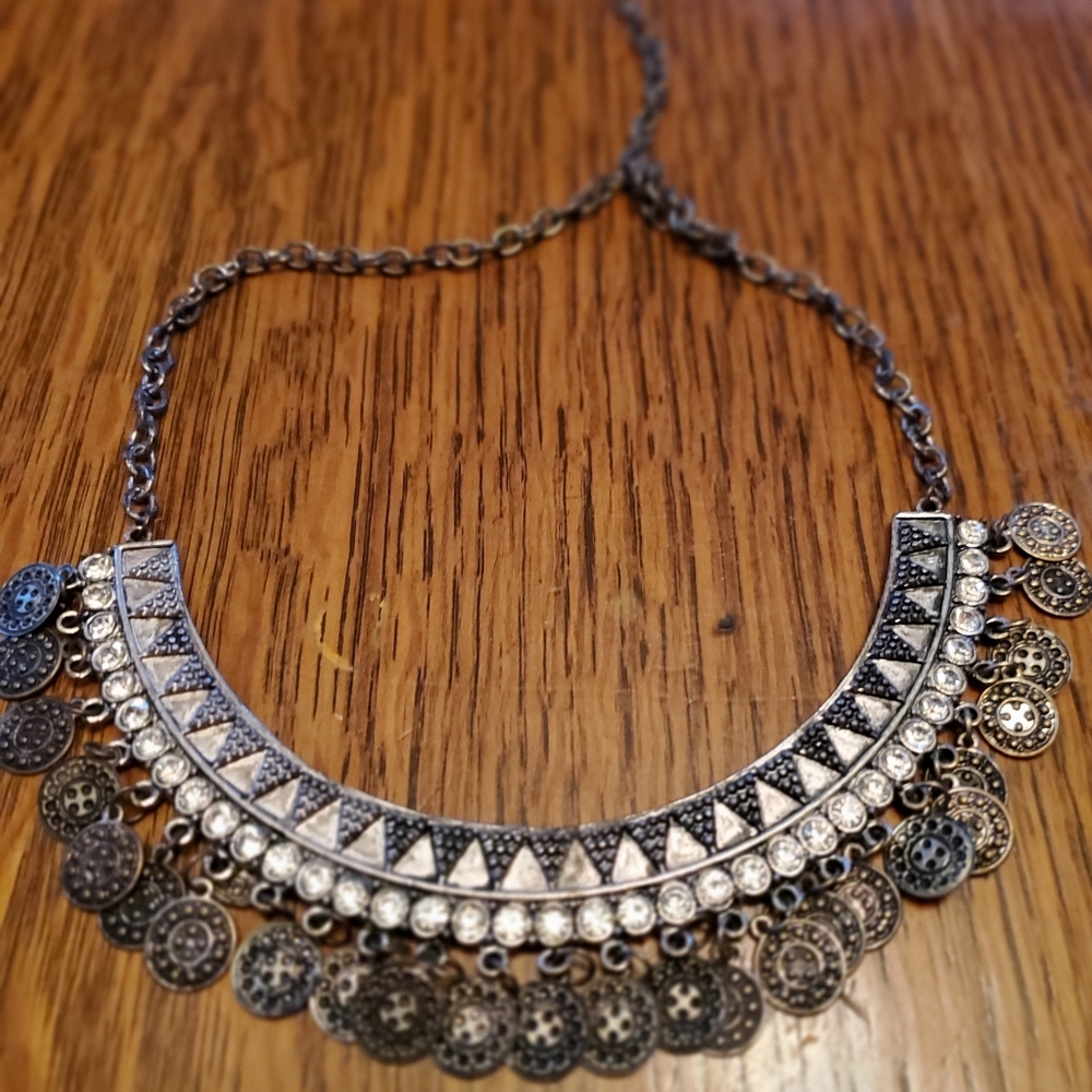 Antiqued gold tone bib choker statement Necklace. Rhinestones & faux coins